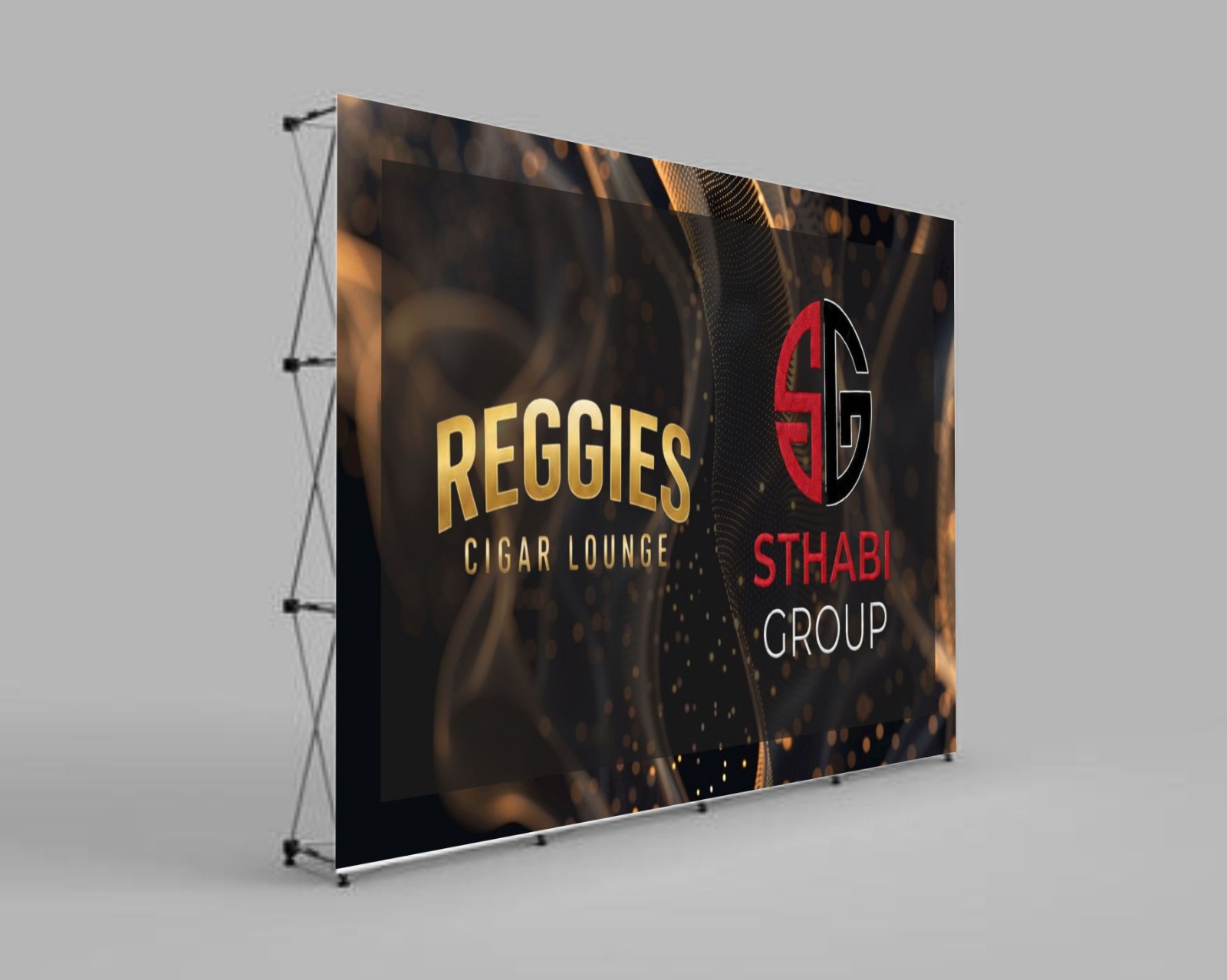Reggies Cigar Lounge and Sthabi Group event backdrop wall